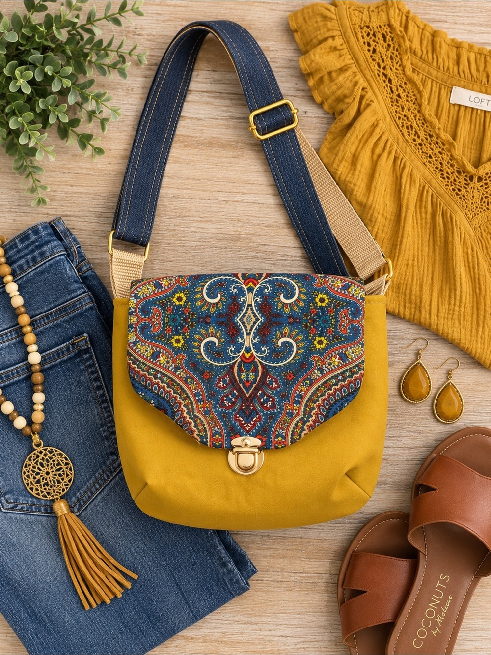Handmade Mustard Paisley Crossbody Bag Adjustable Strap